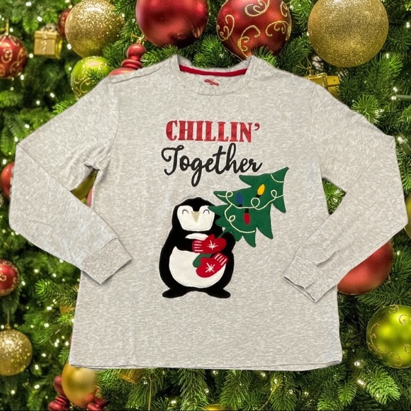 Holiday Time Size M Gray Long Sleeve Tee with Appliqué Penguin & Tree - Picture 1 of 4
